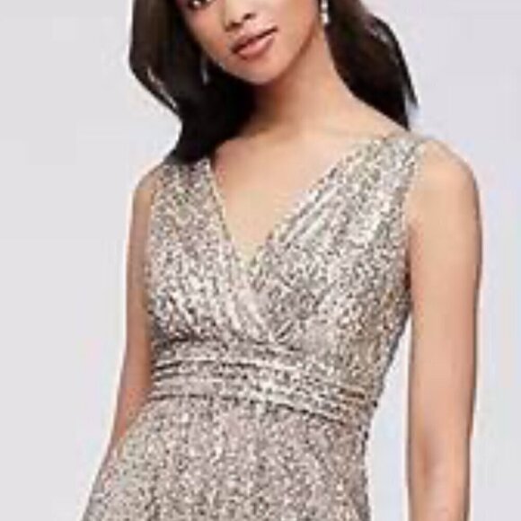David's Bridal SZ 6 Gold Grecian Sequin Formal glamour party formal prom wedding - Picture 3 of 15